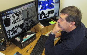 Scientists examine X-ray CT images to determine soil characteristics.