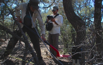 Using LiDAR near Mountainair, New Mexico, Scott Stark and Dave Minor record tree structures.