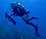 A SCUBA diver on a U.S. Virgin Islands coral reef, collecting samples for the microbiome project.
