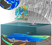 Illustration of sea floor, Earth's crust, water, and research vessel submerging equipment into water.