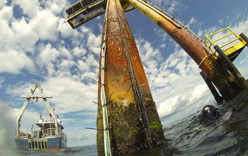 Research vessel Tioga waits for divers; they're under the Martha's Vineyard Coastal Observatory.