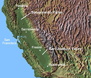 Map showing California's Central Valley, which runs through a large part of the state.
