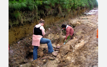 Studying an outcropping as part of a research study of comparative analysis of glacial sediments