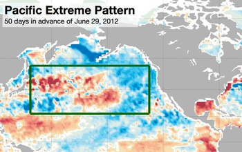 map showing the Pacific region with highlight of area with abnormal temperatures