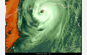 Water vapor band image showing Katrina's weakened eyewall disrupted further by landfall