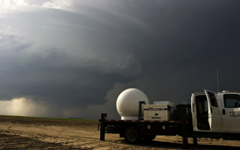 The TTUKa-1 mobile Doppler radar deployed in front of supercell thunderstorm near Greensburg, Kan.