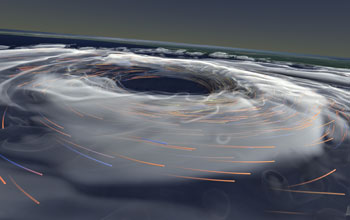 Still from visualization showing the dramatic evolution of Hurricane Katrina