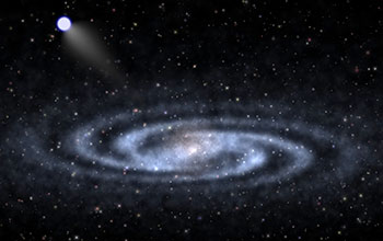 An astrophysicist artist's conception of a hypervelocity star speeding away from spiral galaxy