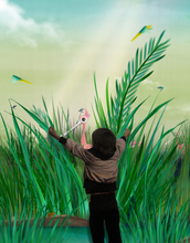 Child in virtual environment searches tall reeds of the Everglades