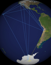 the earth showing the locations of the APEX and South Pole telescopes.