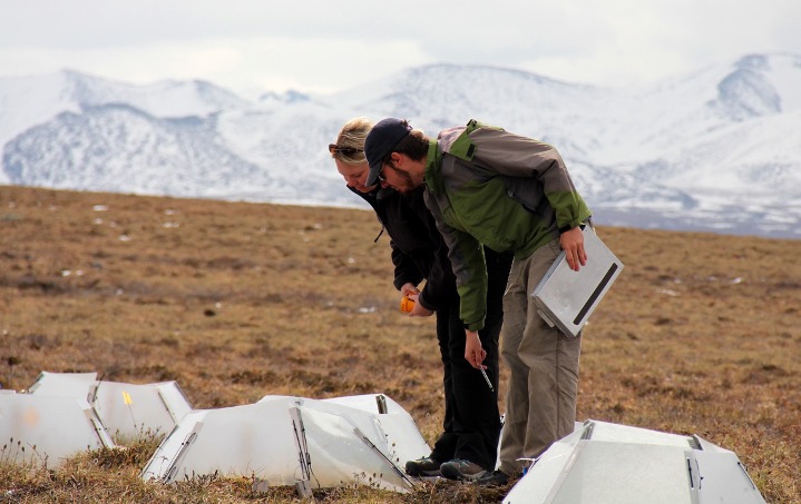 A male and a female lean over whte tent-like equipment on the ground; Mountains are seen in the background
