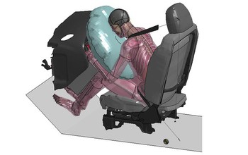 illustration of a simulated car crash with a human body model in the driver's seat