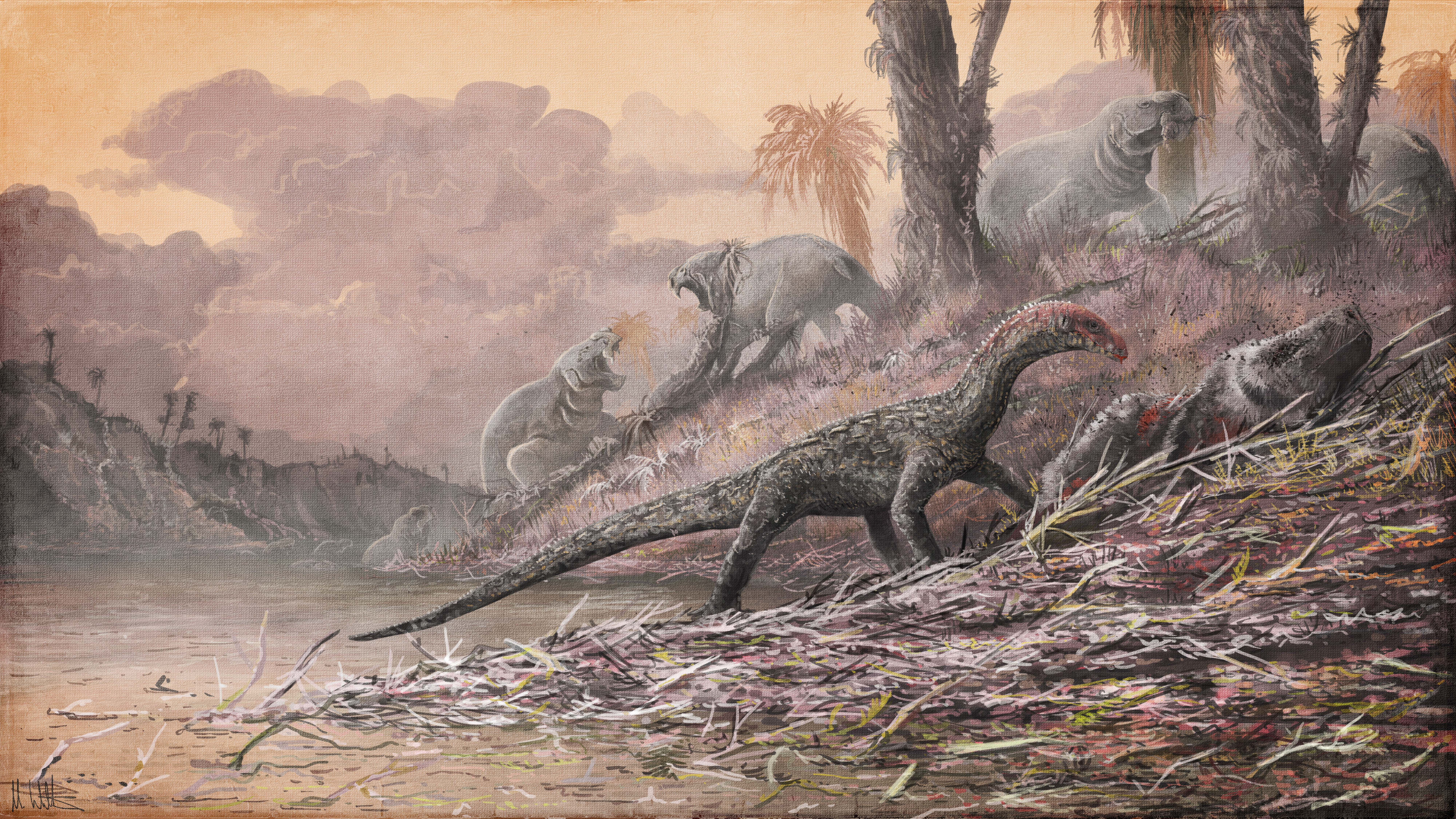 На рисунке изображен майаспондил вымершая рептилия. Триасовый период мезозойской эры. Триасовый период Зденек Буриан. Мезозойская Эра вымирание динозавров. Юрский период мезозойской эры.