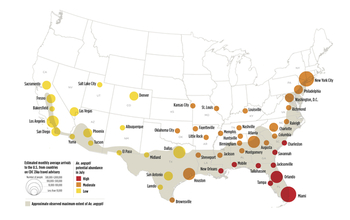 map of united states showing inscreasing risk of Zika-carrying mosquitoes.