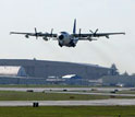 Photo of an NSF/NCAR C-130 research aircraft taking off for a flight to sample aerosols.