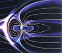 An artist's rendering shows the solar wind as it streaks by Earth.