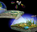 Illustration showing satellite and air monitoring of environment and environmental observatories.