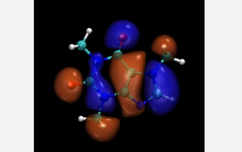 Graphical representation of the caffeine test molecule and its highest-occupied 3D electron orbital.