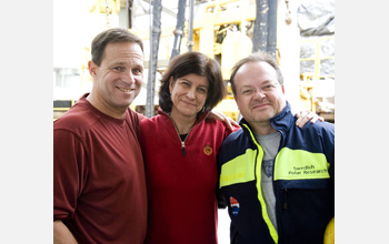 Photo of Adam Klaus, an IODP staff scientist, Carlota Escutia and Henk Brinkuis.