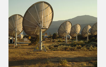 A rear view of the antennas of the Allen Telescope Array (ATA) in Hat Creek, Calif.