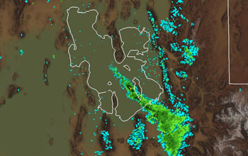 Radar image of a lake-effect snowband that extends over Alta and environs.