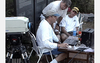 Photo of Kunz and his colleagues setting up an infrared camera to census bat populations.