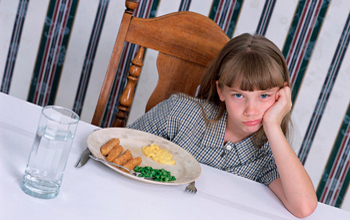 Photo of child with dinner plate before her.