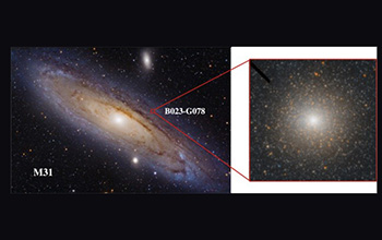 wide-field image of M31 with the red box and inset showing the location and image of B023-G78 where the black hole was found