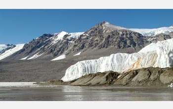 Photo of Blood Falls at the snout of the Taylor Glacier.