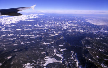 Boulder Creek and the Rocky Mountains seen from the airplane.