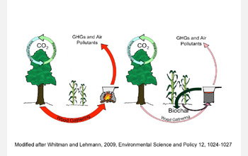 Illustration showing soil improvement through biochar in conjunction with cook stove systems.