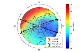globe map showing models of orbiting satellites in the thermosphere