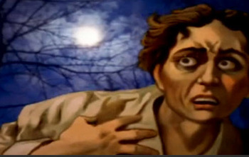 Illustration of a fearful looking man under a full moon