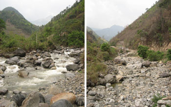 Collage of two photos showing a river flowing before a dam and the old river bed dry after the dam.