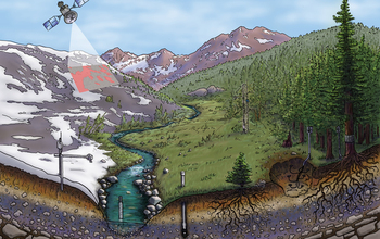illustration showing a satellite, mountains, forest and water