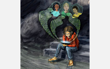 Illustration showing a depressed child holding a tablet with 3 cyberbullies coming out of tablet.