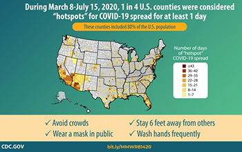 U.S. map showing COVID-19 hotspots