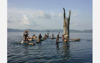 Photo of a partially submerged tree surrounded by boys who are fishing.