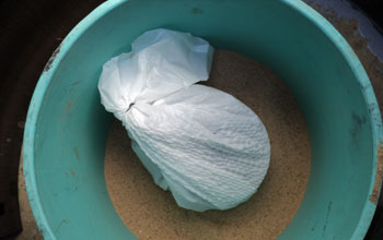 Photo of seismometer wrapped in plastic keeping it clean and dry and placed in sand for stability.