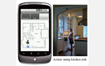 Photo of handheld device displaying occupant activities and temperature and zoning controls.