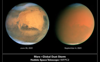 Composite of two Hubble Space Telescope images of a global dust storm on Mars.