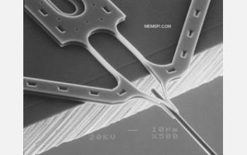 A microtweezer made of silicon grips a glass fiber 5 microns in diameter