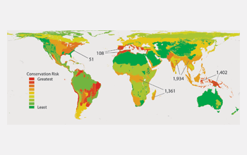Map showing projected habitat loss and climate change and what areas need conservation most