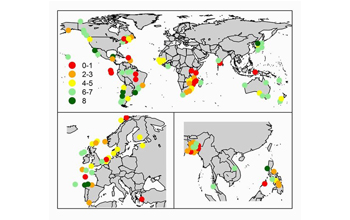 Map of the world showing 130, community-based, co-managed fisheries based on eight outcomes.