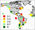 Map of the world showing 130, community-based, co-managed fisheries based on eight outcomes.