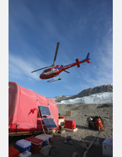 An A-Star helicopter overhead Blood Falls camp shortly after dropping fuel and supplies.