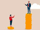 Illustration of the gender pay gap showing a man and woman standing on unequal stacks of coins.