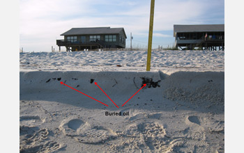 Photo of oil buried in beach sands with houses on stilts in background.