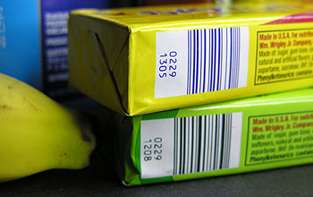 Photo showing barcodes on 2 packages of chewing gum