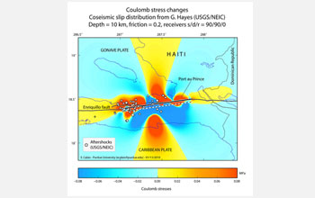 In Haiti, areas in red are closer to rupture; grey circles show the locations of aftershocks.